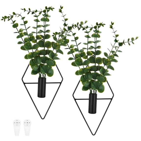 Uxcell 2 Set Plant Wall Decor, Hanging Planters with Artificial Eucalyptus Metal Hanging Vase Diamond Shape for Room [Black]