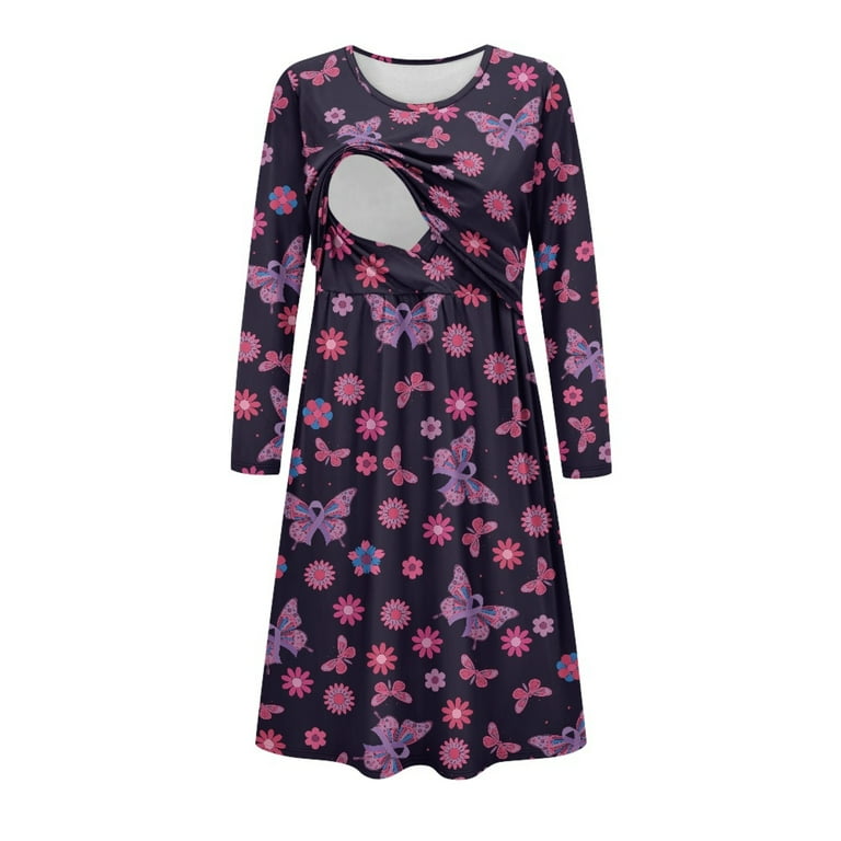 SCRAWLGOD Butterfly Flower Women Maternity Dress Long Sleeve Breastfeeding  Dresses Round Neck Pregnancy Dress for Women Work Washable Knee Length Dress  for Women Fall Size XL - Walmart.com