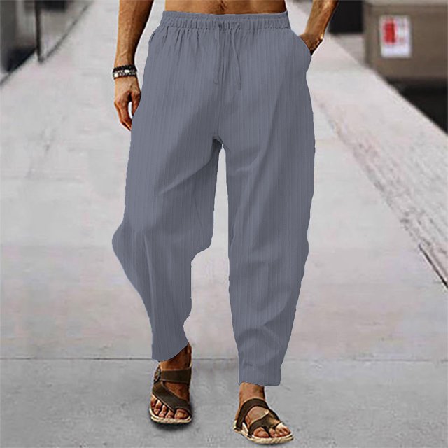 Pants Man White Linnen Solid Stripes Straight Casual Trousers Solid Color Drawstring Loose Dry Gym Sports Sweatpants