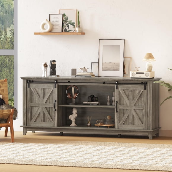 Modern Farmhouse TV Stand for 75 Inch TV - 66 Inch Entertainment Center - Sliding Barn Doors - Adjustable Storage Cabinets & Shelf - Media Console Table for Living Room - Light Gray (3308-6)
