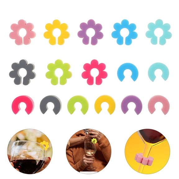 EXHUMKY 16Pcs Wine Glass Tags Silicone Drink Cup Identifiers Flower Shape
