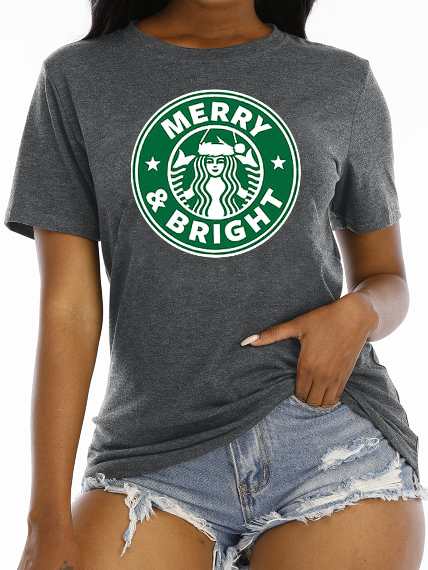 Women's Merry And Bright Christmas Graphic Long Sleeve Top - Splicing Letter Print T-Shirt - View #9