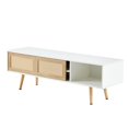 thumbnail image 6 of [Luckynote]55.12" Rattan TV Cabinet, Double Sliding Doors for Storage, Adjustable Shelf, Solid Wood Legs, TV Console for Living Room, White, 6 of 10