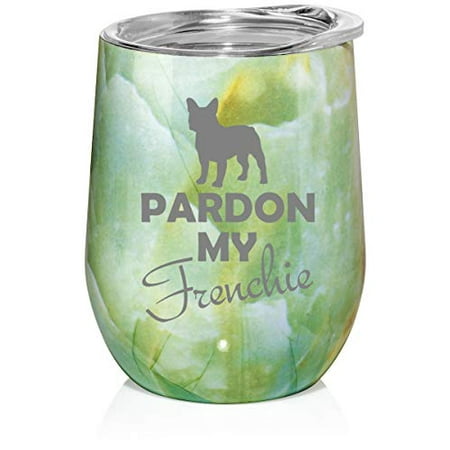 

12 oz Double Wall Vacuum Insulated Stainless Steel Marble Stemless Wine Tumbler Glass Coffee Travel Mug With Lid Pardon My Frenchie French Bulldog (Turquoise Green Marble)