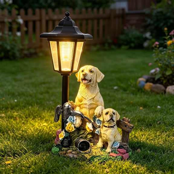 LOWLHOME Outside Dog Statue with Solar Lantern, Garden Welcome Sign Dog Solar Figurines Light, Yard & Lawn - Illuminated Garden Ornaments, Perfect for Walkways & Outdoor Decor