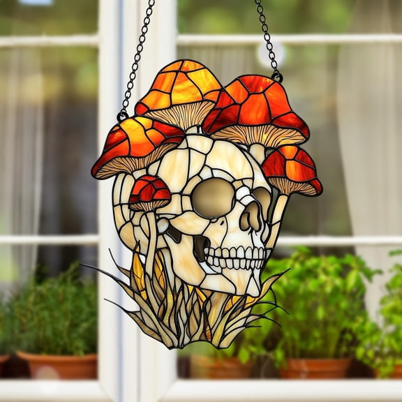 Mushroom Skull Acrylic Suncatcher, Gothic Faux Stained Glass Window Hanging, Orange Toadstool Skull Decor Gift For Cottage Witch Home