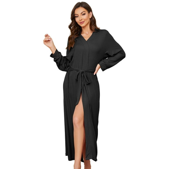 LYCY Womens Soft Long Robe, Lightweight Full Length Knit Bathrobe for Sleepwear & Loungewear Robe（Black, L）