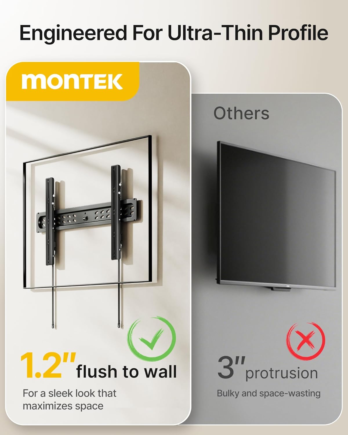 monTEK Ultra Slim Tilting TV Wall Mount Bracket for 43–95" Flat & Curved TVs – 1.2" Low Profile, Anti-Glare Tilt, Holds 150 lbs, Supports VESA 800x400, Fits 16"/18"/24"/32" Studs
