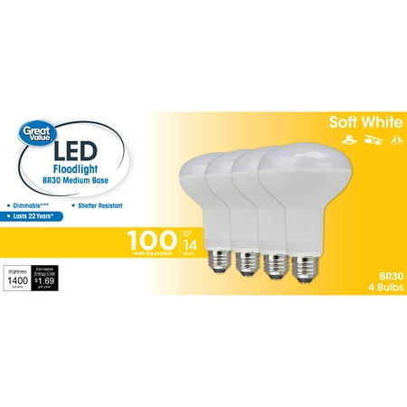 Great Value LED Light Bulb, 100 Watt, BR30 Floodlight Lamp E26 Medium Base, Dimmable, Soft White, 4-Pack
