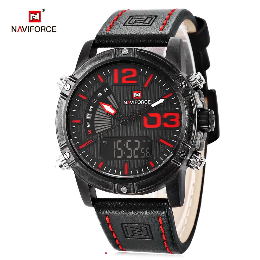 Naviforce Dual Movement Calendar Real Leather Digital Watches For