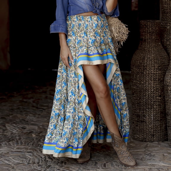 Tennis Skirts for Women Summer Skirt Boho Floral with Split Low Side Ruffle Swing Style for Women Blue XL