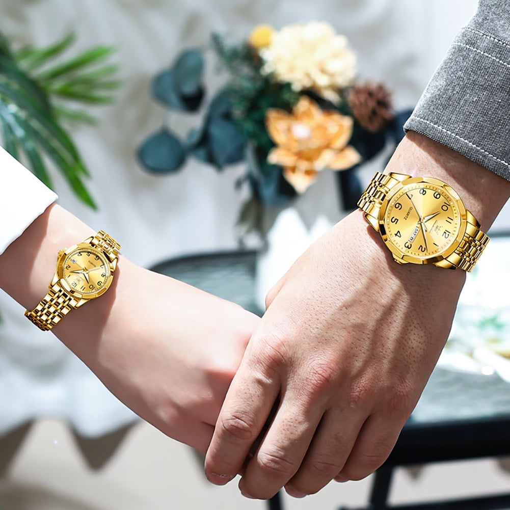 OLEVS Valentines Couple Pair Quartz Watches Luminous Calendar Date Window 3ATM Waterproof, Casual Stainless Steel His and Hers Wristwatch for Men Women Lovers Wedding Romantic Gifts Set of 2