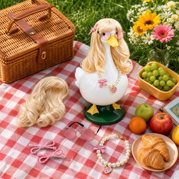 Desk Goose Summer Accessory Set with Blonde Wig Pink Sunglasses Pearl Necklace and Bow Hair Clips Seasonal Tabletop Decor for 7 Inch Mini Statue