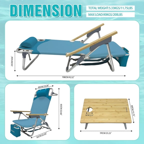 Folding Backpack Beach Chair for Adults & Teens Aluminum 5-Position Lay Flat Lounge Chair with Camping Bamboo Table 200LBS Beach Reclining Chair Outdoor with Cooler Bag Cyan