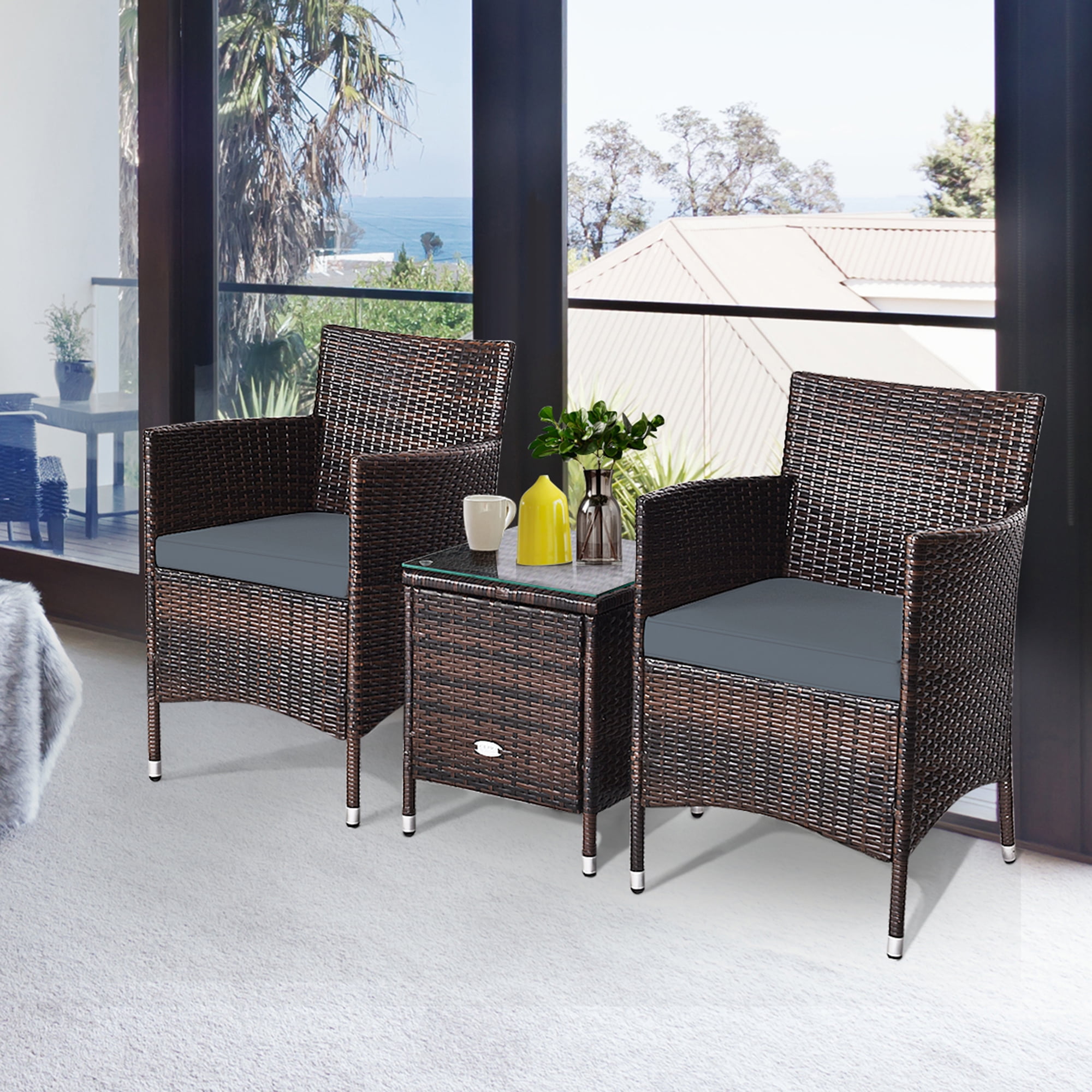 Gymax 3PCS Patio Rattan Chair & Table Furniture Set Outdoor w/ Grey Cushion