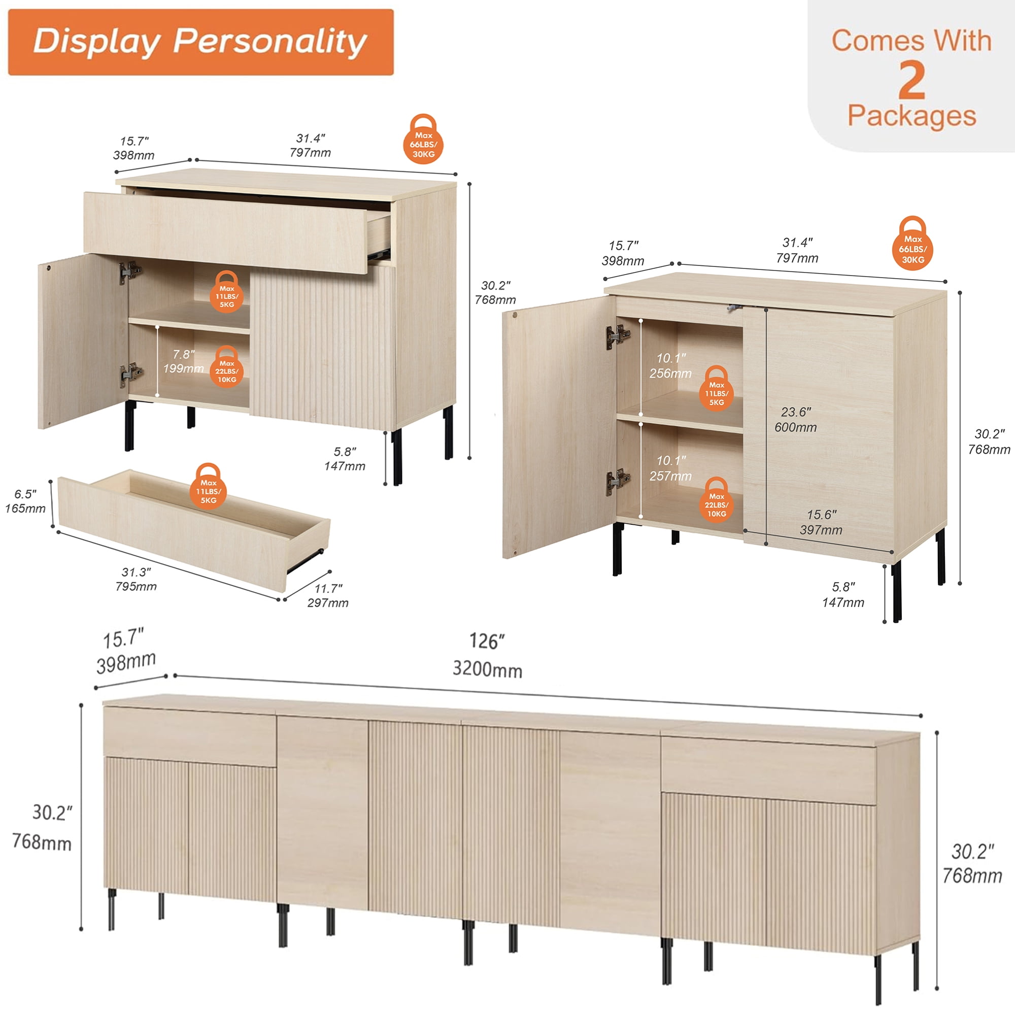126" Modern Reeded Drawer Dresser Set with Doors for Bedroom, Minimalist Chest of Drawers with Storage, Wooden Dresser for Living Room, Bedroom, Entryway