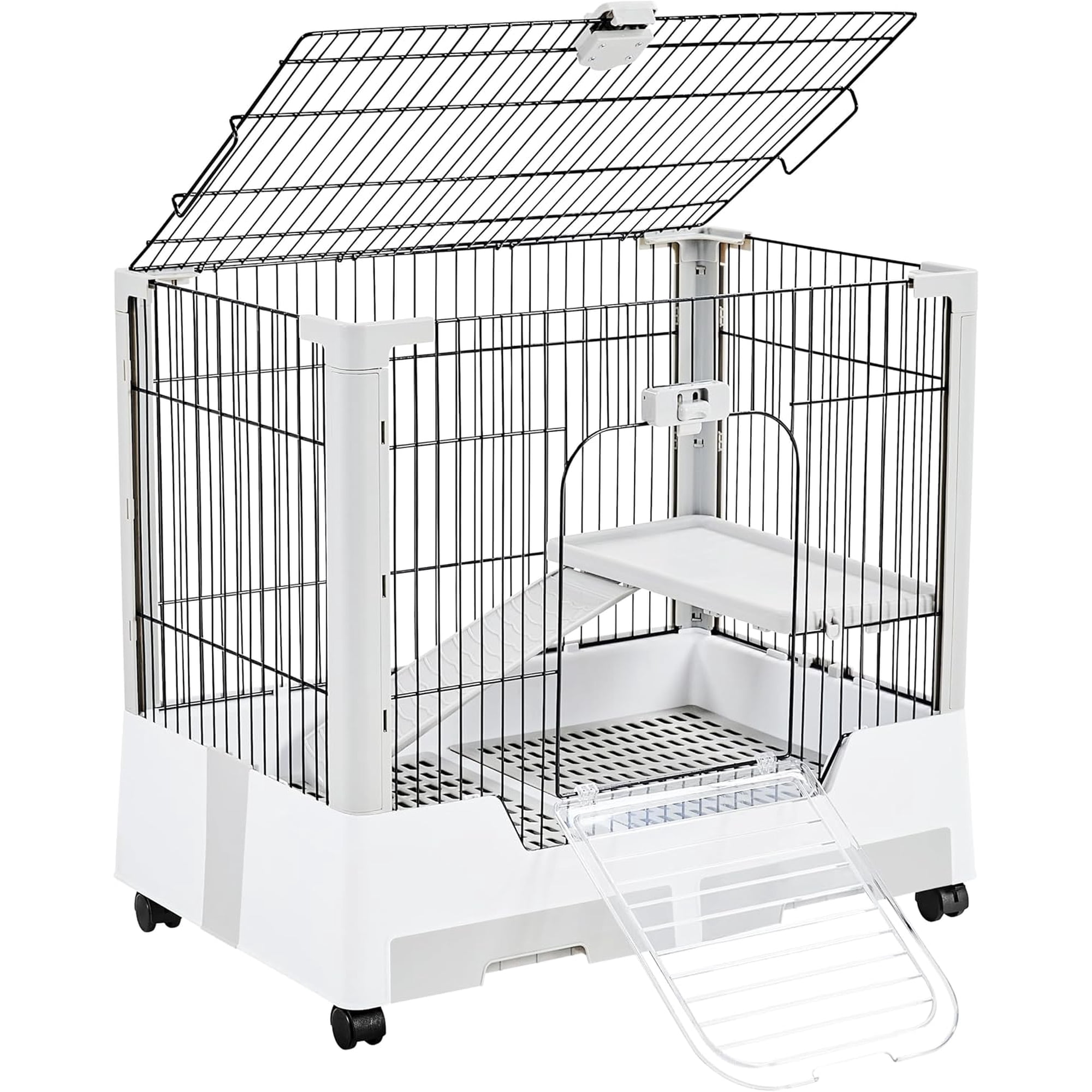 30" Small Animal Cage 2-Level Open Top Rabbit Cage on Wheels w/ Pull-Out Tray for Guinea Pig, Ferret, Chinchilla, Kitten, Bunny, 30"W × 20"D × 27"H