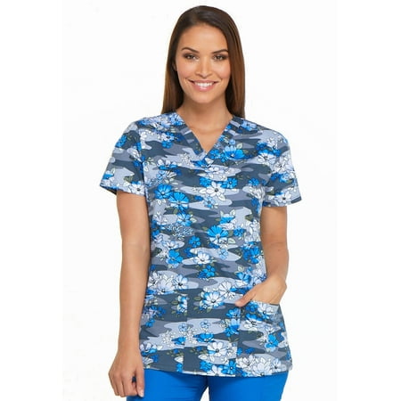 Dickies EDS Medical Scrubs Top for Women V-Neck DK704, S, Floral Fleet
