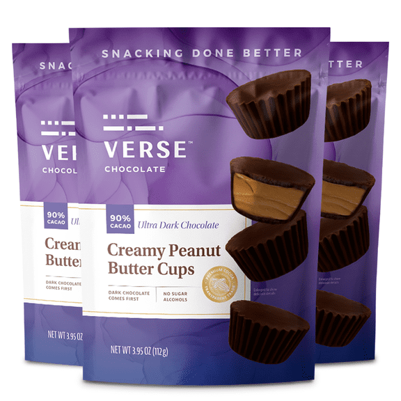 Verse Chocolate Peanut Butter Cups (3 Pack) – 90% Ultra Dark Chocolate Keto Snacks w/ 3g Fiber, 150 Calories – Creamy Peanut Butter Cups – Great for Snacking