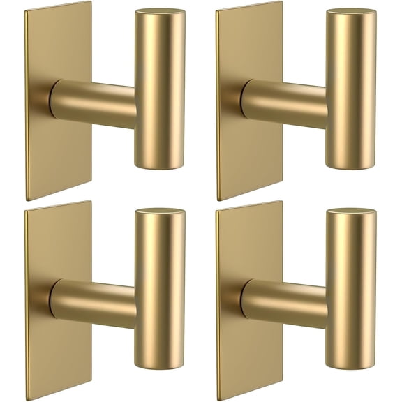 PLERISE Wall Towel Hooks, 4-Pack Heavy Duty Stainless Steel Sticky Holder, Waterproof Hooks for Hanging Coats, Clothes, and Towels, Gold
