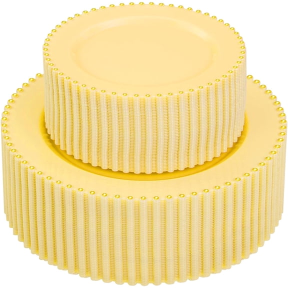 Yellow Plastic Plates, Heavy Duty Plastic Plates, Party Decorations with Gold Beaded Including Dinner Plate and Disposable Dessert Plate, Disposable Platos for Wedding