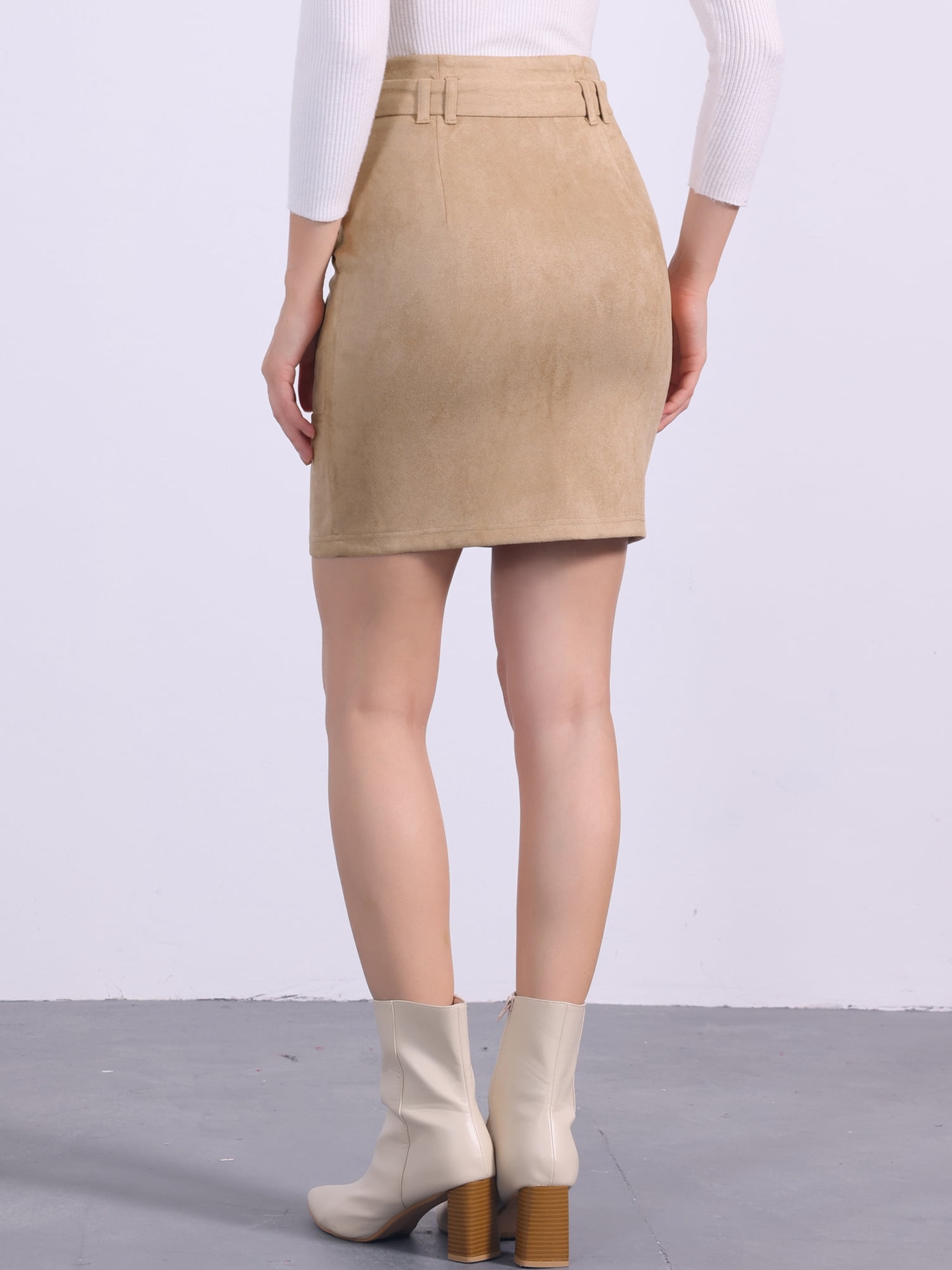 DARING DIVA Women's Faux Suede Skirt Belted Pencil Skirts L Khaki