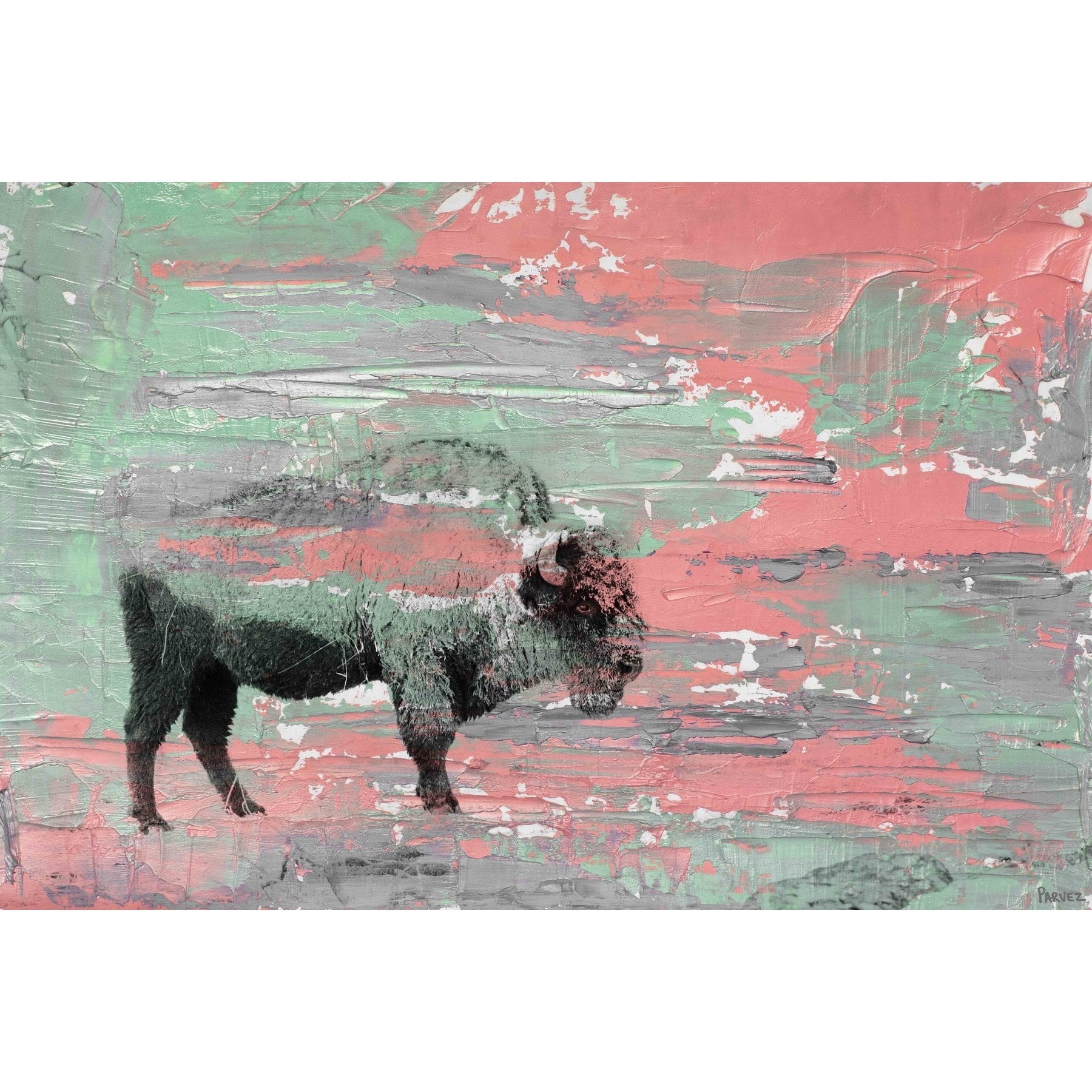 "Green Paint Buffalo" Painting Print on Wrapped Canvas