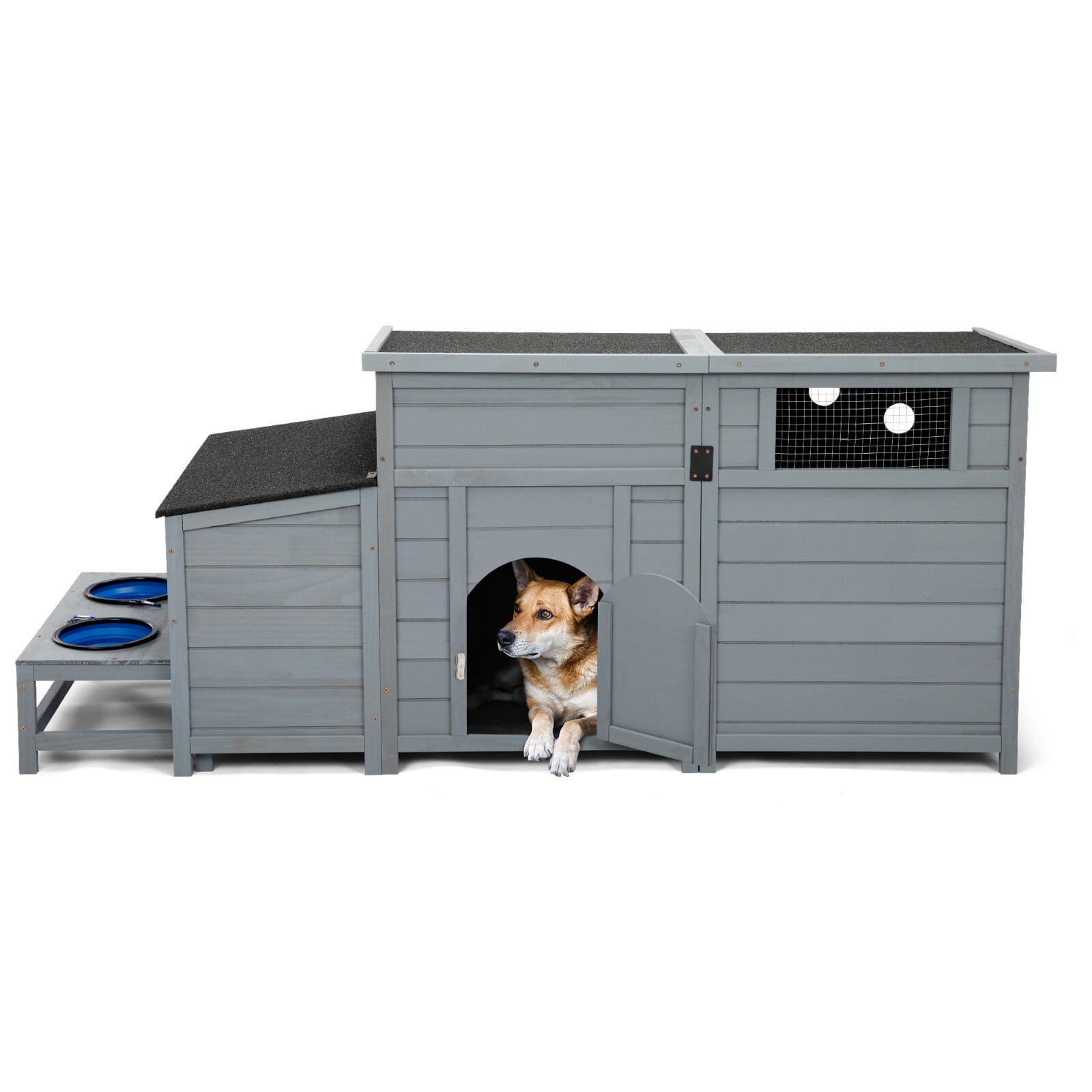 Anwickjeff Dog House Wooden Outdoor Dog Kennel with Food Bowls and an Open Roof