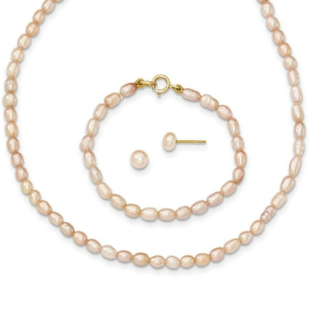 Roberto Coin Gold Jewelry Set (14kt Yellow Gold Pink Freshwater Cultured Pearl 12 Chain Necklace 5 Bracelet Earrings Set Pendant Charm Fine Jewelry Ideal Gifts For Women Gift Set From)