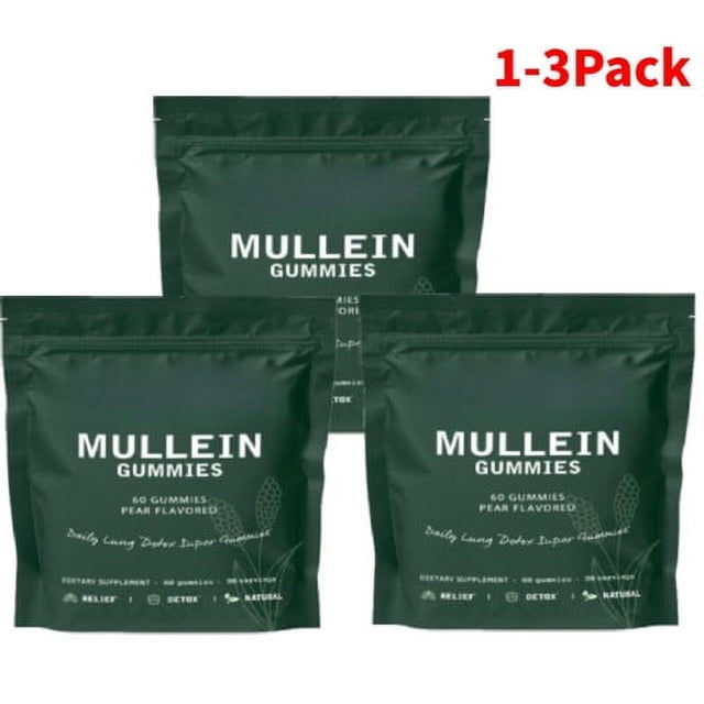 paquete de 1 a 3 gomitas de gordolobo sin azúcar - limpieza pulmonar - extracto de hoja de gordolobo nuevo mejor paquete (3 PACKS) vista frontal centrada de tres bolsas verdes mate resellables con texto blanco 'MULLEIN GUMMIES' y leyenda '60 pcs'; sobre con diseño de hoja, formato compacto y portátil; en la ficha se describen como suplemento masticable que ayuda a calmar molestias de garganta y soporte respiratorio.
