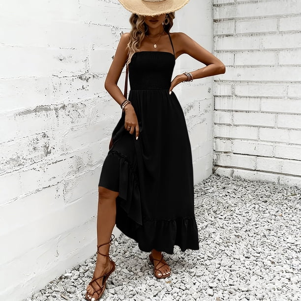 asdoklhq Midi Dresses for Women Semi Formal Dresses for Women Spaghetti Strap Ladies' Casual and Fashionable Solid Color Sleeveless Backless Hanging Neck Dress Black L