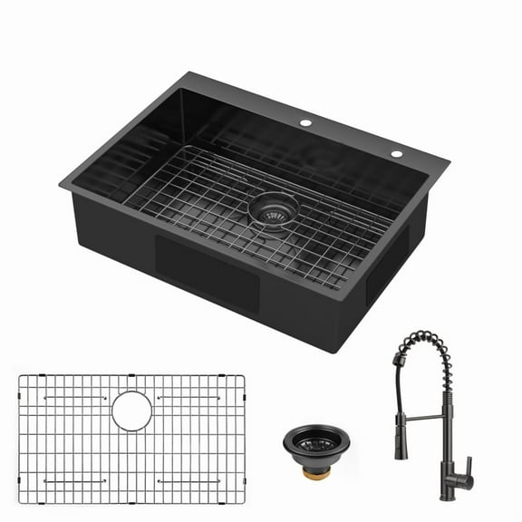 30x22 Inch Gunmetal Black Drop in Topmount 18 Gauge Stainless Steel  Single Bowl Kitchen Sink with Pull Out Faucet