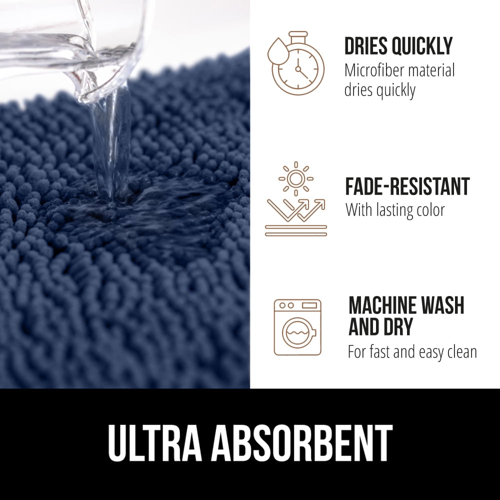 GORILLA GRIP Chenille Bath Rug 24x16, Rubber Backing Quick Dry Washable Microfiber Mats, Navy
