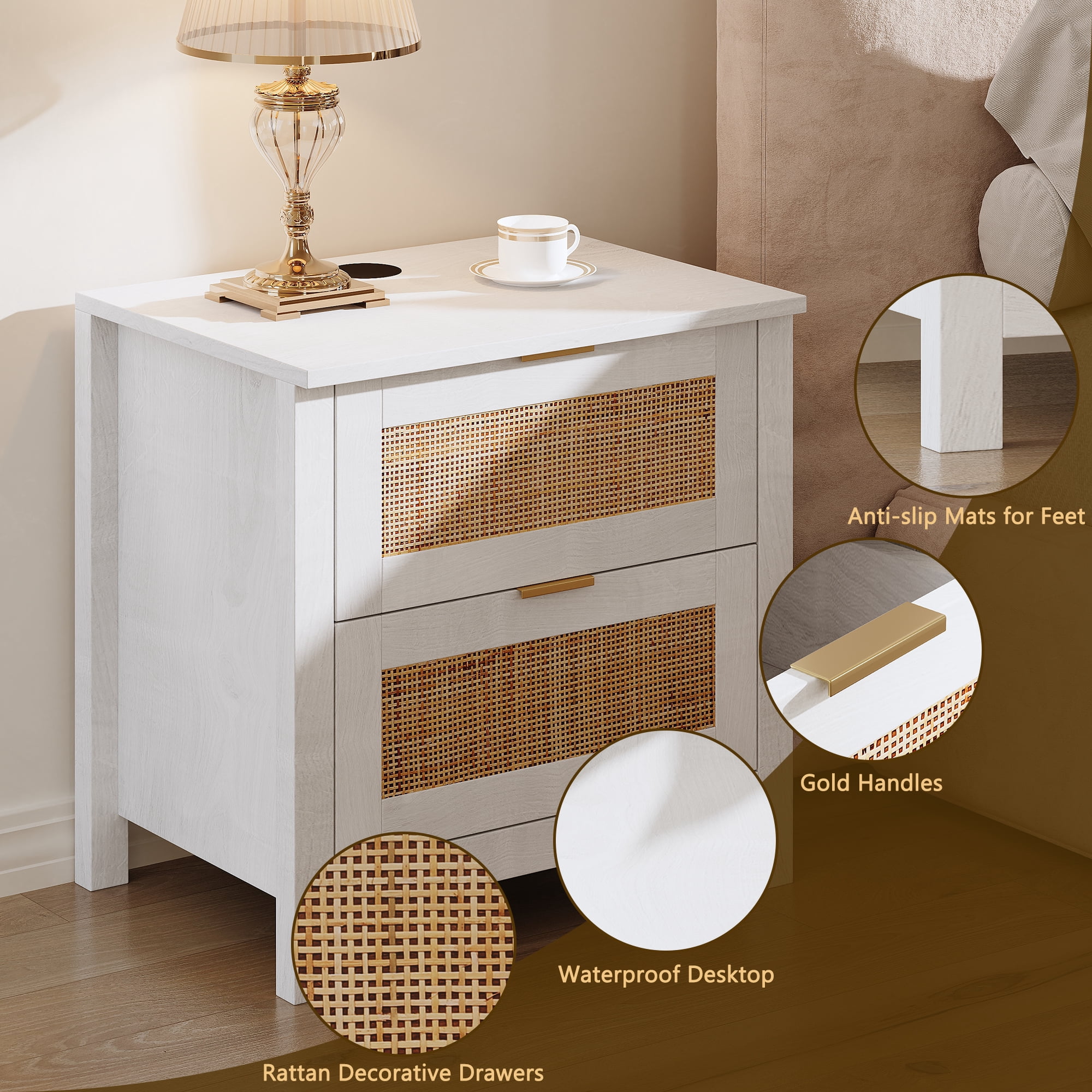 AODAILIHB Accent Bed Side Table, Rattan Night Stands Decor Drawer set of 2, Natural Wood Side Table with Wireless Charging Station, White