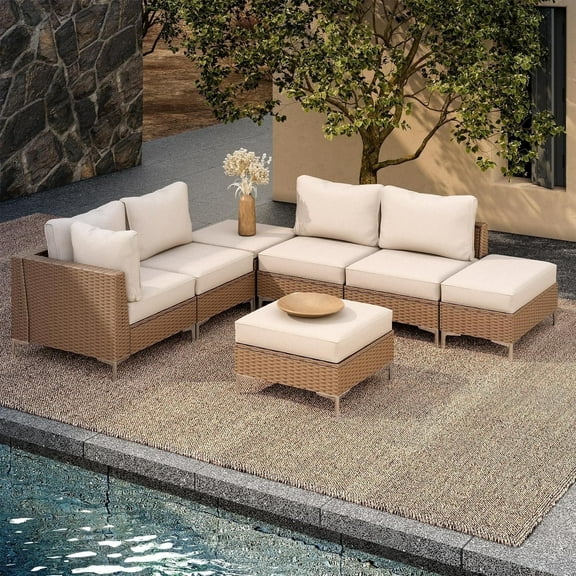 LAUSAINT HOME 7 Pieces Patio Furniture Set with Hidden Storage Compartment, Outdoor Wicker Rattan Sofa, Beige Cushions