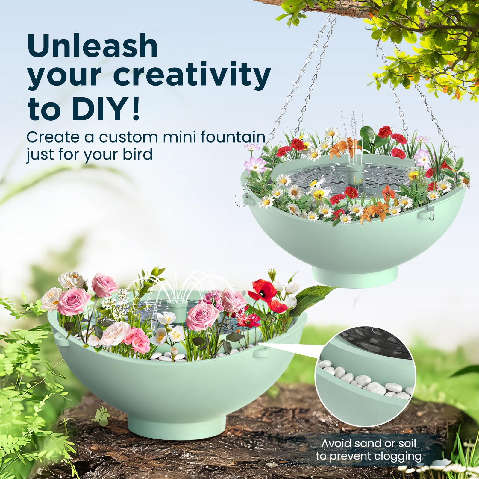 Areker Smart Bird Bath with Water Fountain, 2L Solar Bird Bath with Water Circulating Filtration & Battery Backup, 3 Fountain Modes Dry-Burning Protection Birdbath for Courtyard