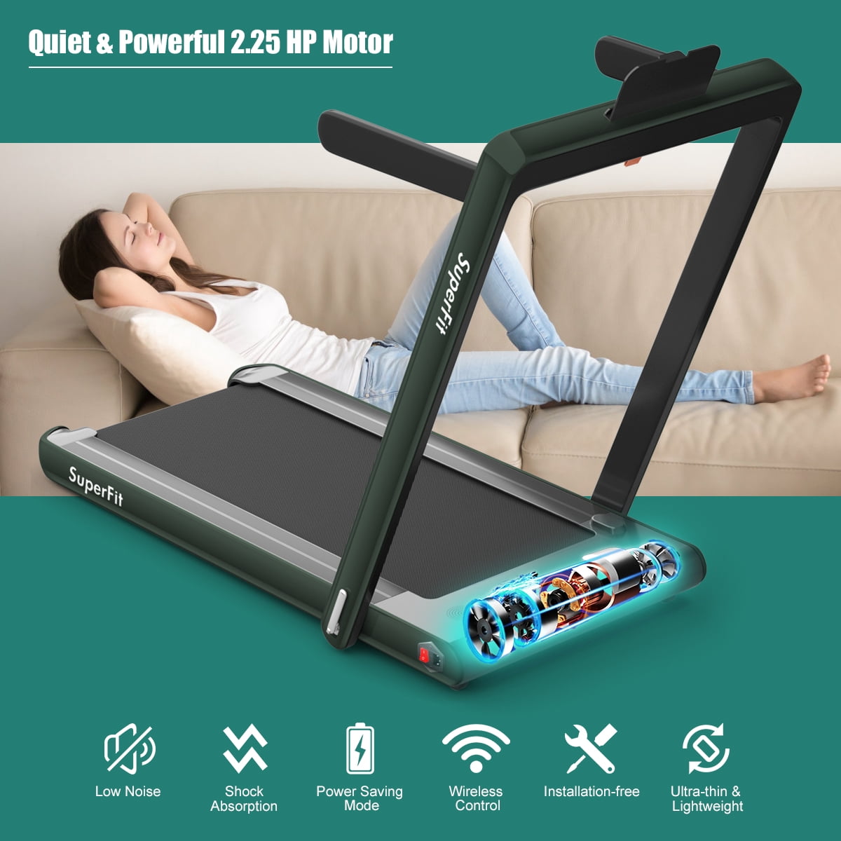 Gymax 2 in 1 Folding Treadmill 2.25HP Running Machine w/ Dual Display Green