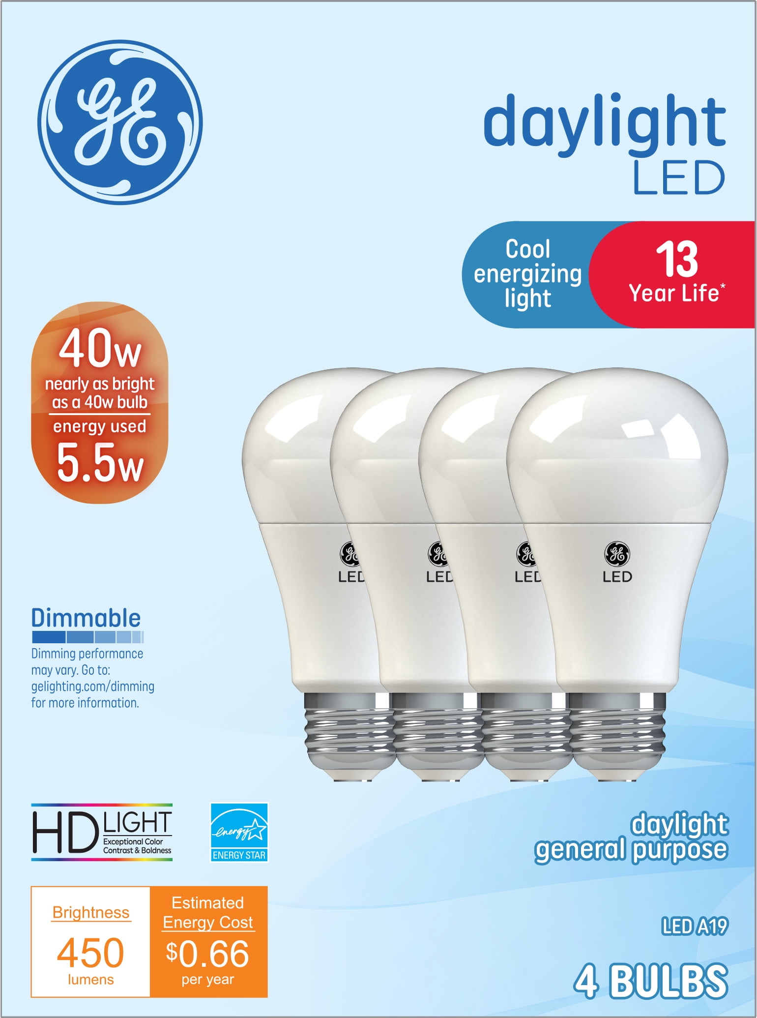 GE Daylight LED Light Bulbs, 40 Watt Eqv, A19 General Purpose, 13 year, 4pk