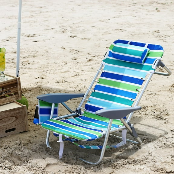 Backpack Beach Chair for Adults, Lightweight Portable Lay Flat Folding Beach Chair with 5 Reclining Positions, Backpack Straps, Phone Pocket, Cup Holder & Towel Bar