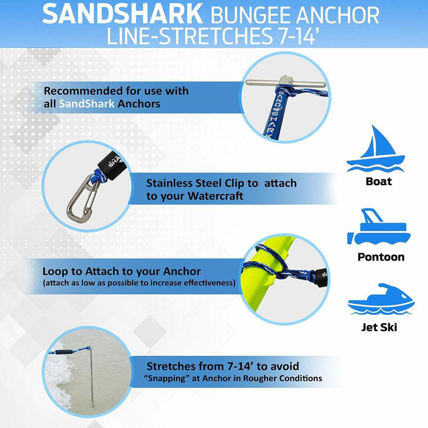 SandShark Anchor Bungee Dock Line Designed for use Anchors Absorbs Shock to Anchors and Docks Stretches from 7-14 Stops The Waves from Pulling Your Anchors Out! 