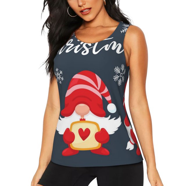 Balery Three Cute Christmas Gnomes Camiseta sin mangas estampada ligera para mujer, tops de entrenamiento sin mangas, camisetas de yoga transpirables de secado rápido.-Large