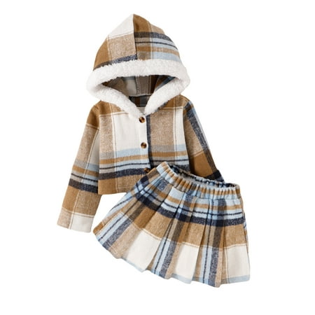 

Pudcoco Girl Skirt Sets Plaid Long Sleeve Button Hood Coat A-Line Mini Skirt