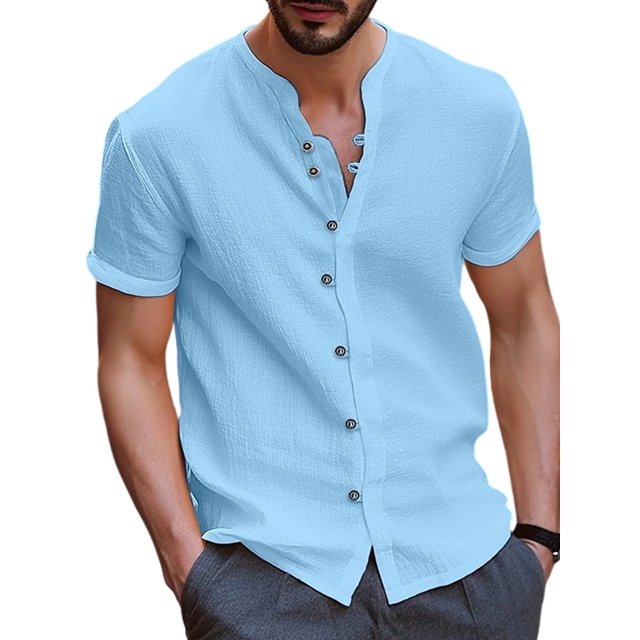 UKAP Mens T Shirt Stand Collar Tops Short Sleeve Shirts Solid Color Vacation Tee Light Blue 3XL