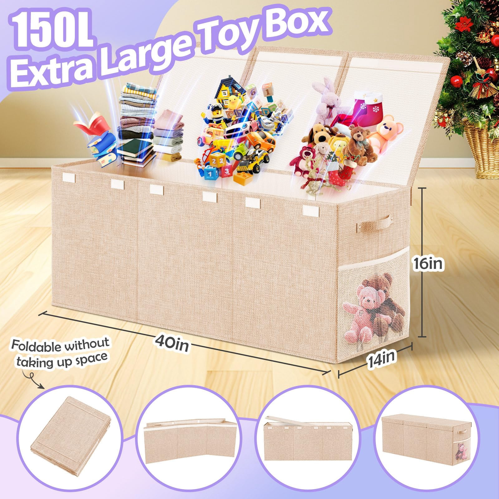 Extra Large Toy Box, Collapsible Sturdy Kids Toy Chest Storage Box with 3 Side bags and Removable Lids, 40"X14"X16"，Storage Bins with Lids for Nursery Room, Playroom,Closet,Home Organization,School