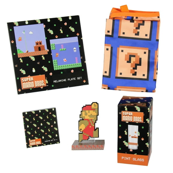Nintendo Super Mario Bros. Collectors Bundle Gift Set - Figure, Pint Glass, Plate Set, Apron, and Coaster Set