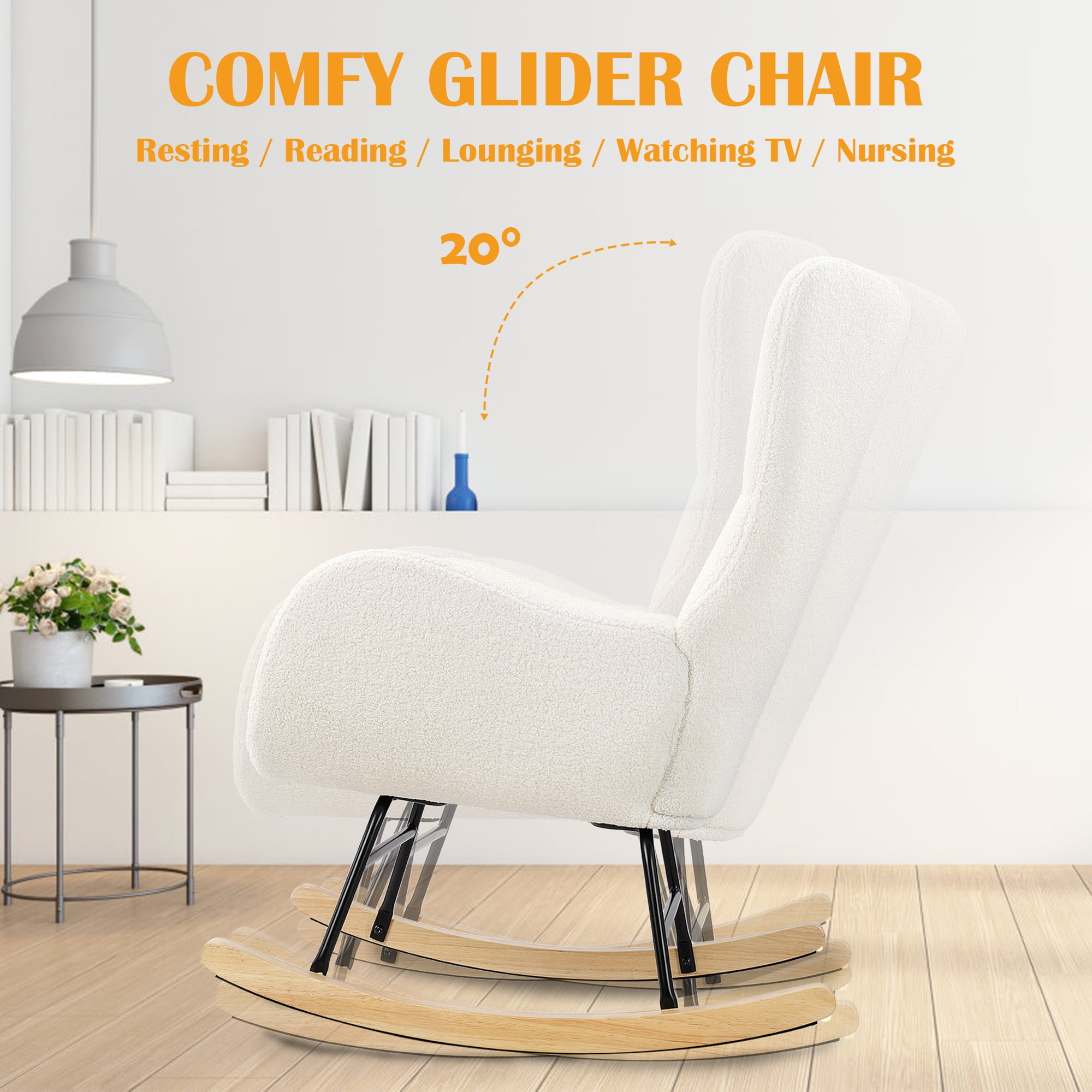 Prilinex Modern Rocking Chair, Nursery Rocking Chair High Wingback Arm Chair with Upholstered for Living Room, Teddy Fabric, Ivory White