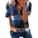 thumbnail image 1 of Blusa de manga corta Top con estampado de cuadros y media cremallera Blusa holgada de manga corta para dama Azul S, 1 of 5