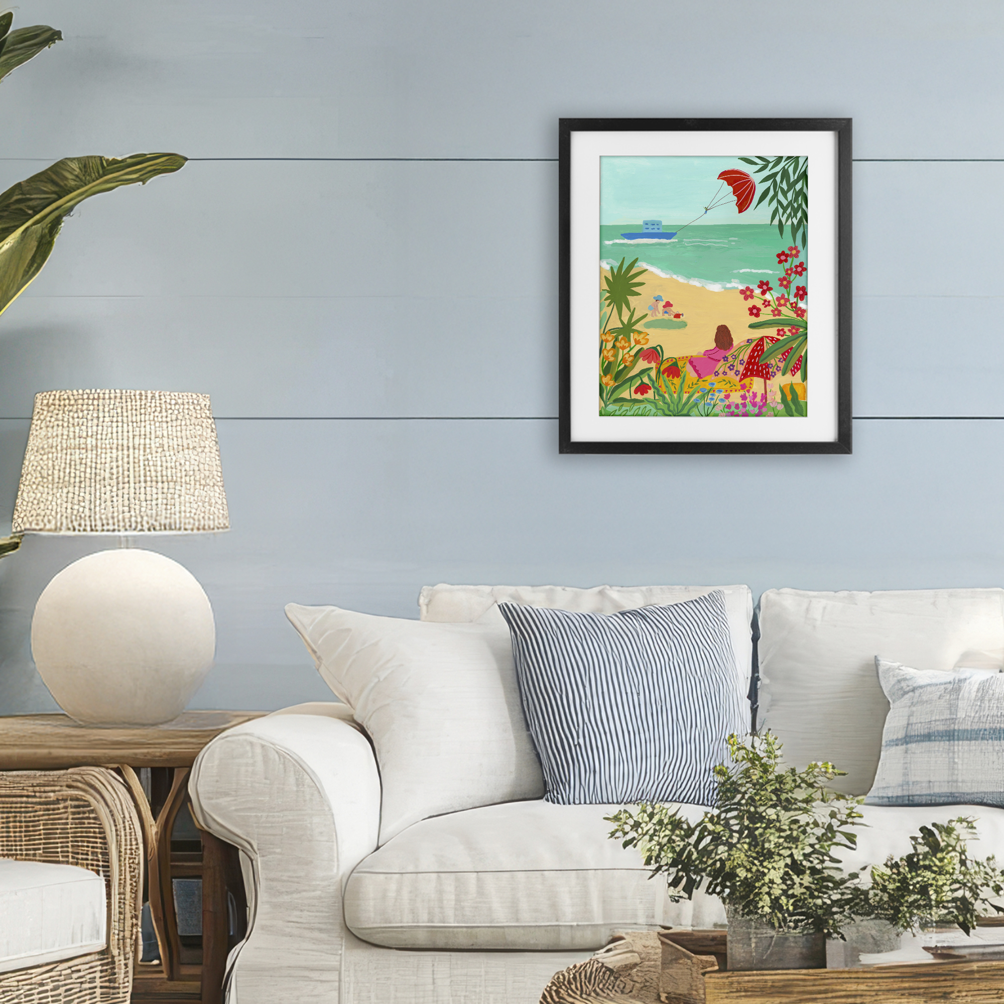 Beach And Flowers View Black Framed Print Under Glass, design by Nabeela Rumi