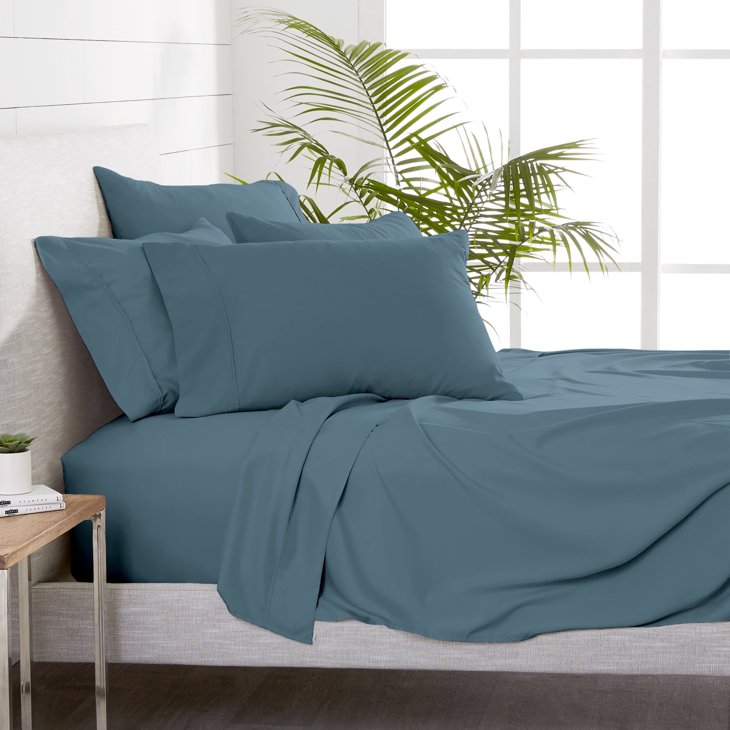 Bare Home 7 Piece Sheet Set, Microfiber, 2 Extra Pillowcases, Split King, Coronet Blue