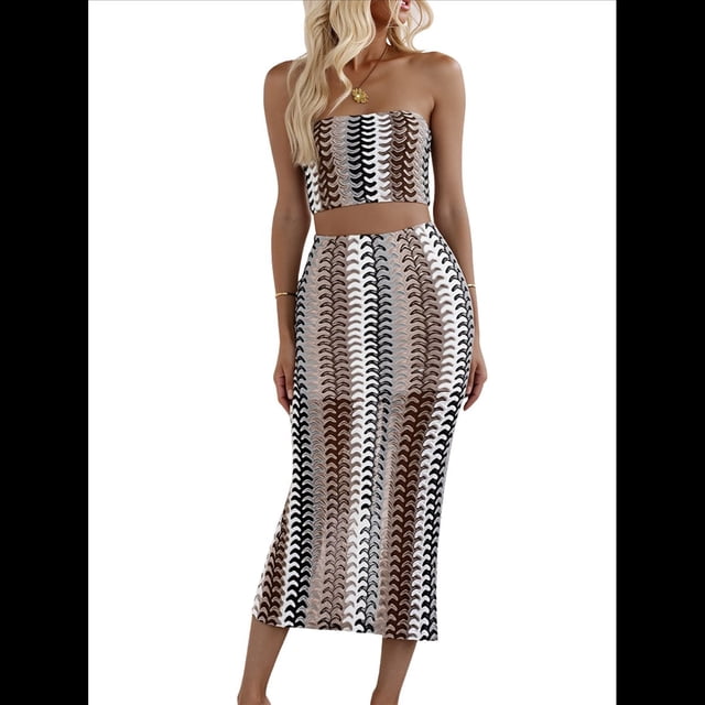 Conjunto de Dos Piezas de Vestido Tubo con Rayas de Colores para Mujer de Verano Gris S
